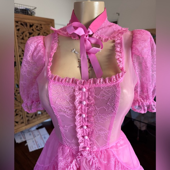 Current Mood Vibrant Pink Lace Layered Semi Sheer Maxi Dress size S NWOT - Picture 6 of 17